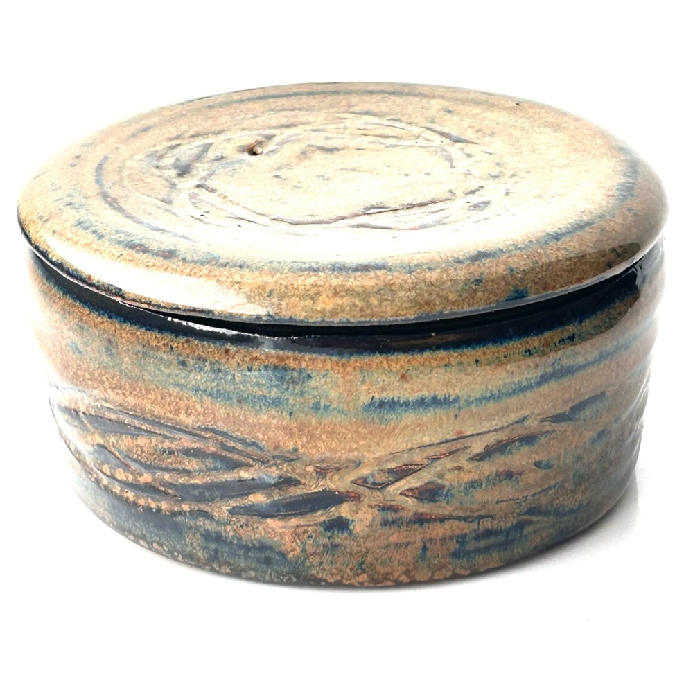 Butter Bell Crock Handcrafted Pottery Brown and Blue